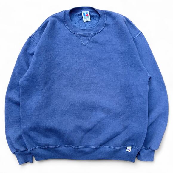 Vintage Russell Athletic Single V Blue Blank Crewneck L Sweatshirt Essential USA - Picture 1 of 7